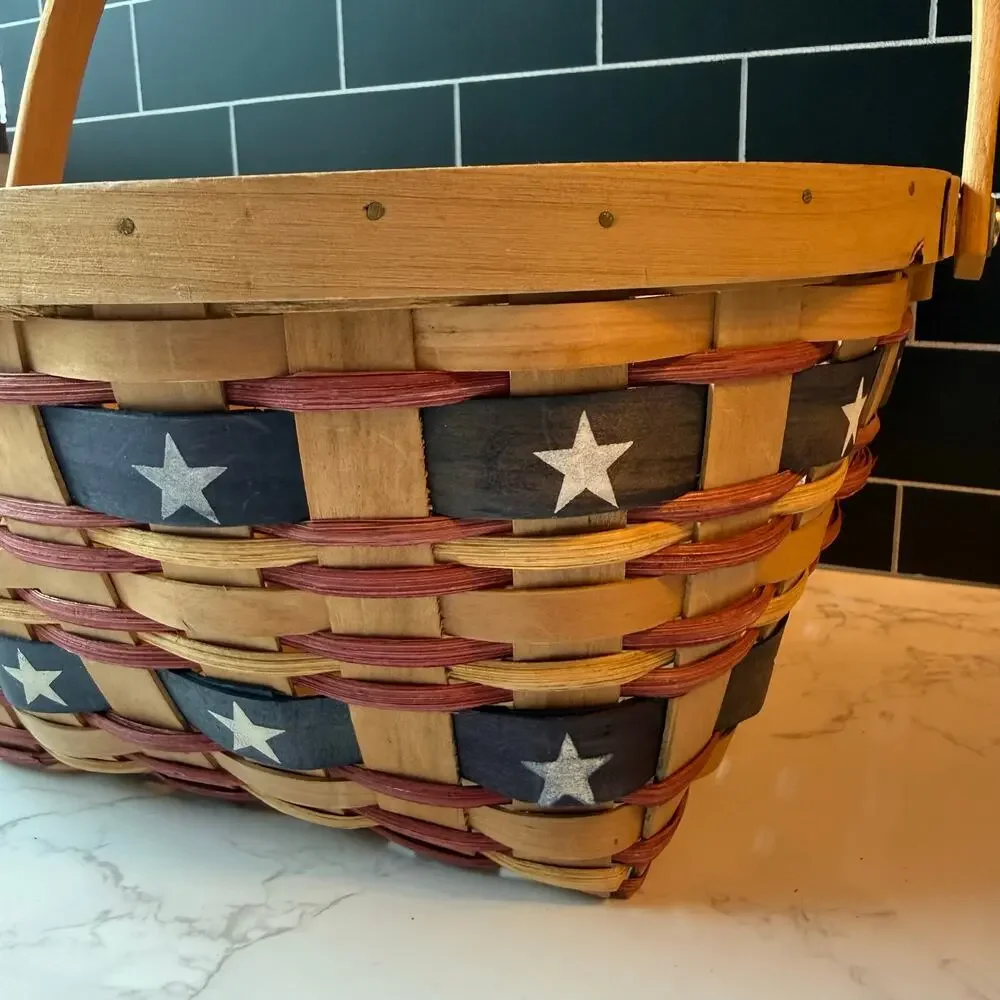 Vtg Woven Wood Basket Square Storage Americana Red Patriotic